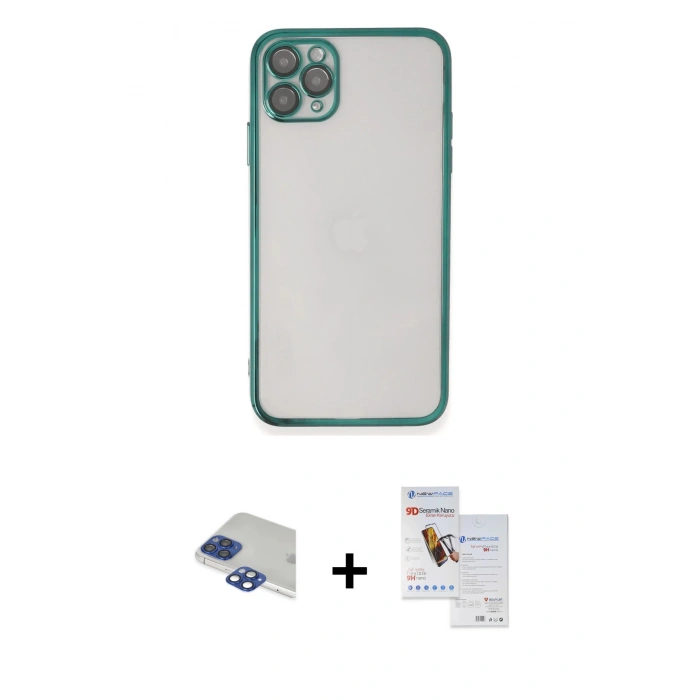 MARSİLYAN™- iPhone 11 Pro Max Kılıf Vadi Minimal - Siyah Seramik Nano Ekran Koruyucu + Pers Alüminyum Kamera Lens - LT