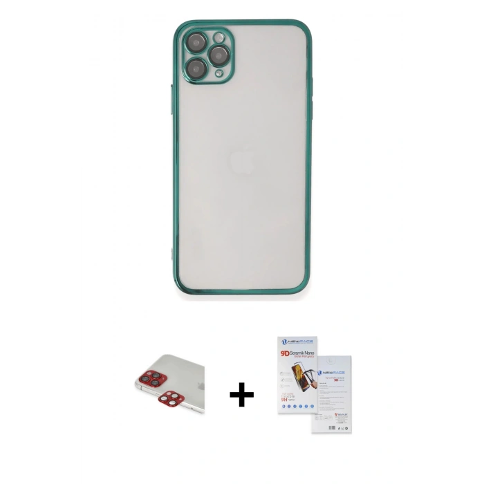 MARSİLYAN™- iPhone 11 Pro Max Kılıf Vadi Minimal - Siyah Seramik Nano Ekran Koruyucu + Pers Alüminyum Kamera Lens - KI
