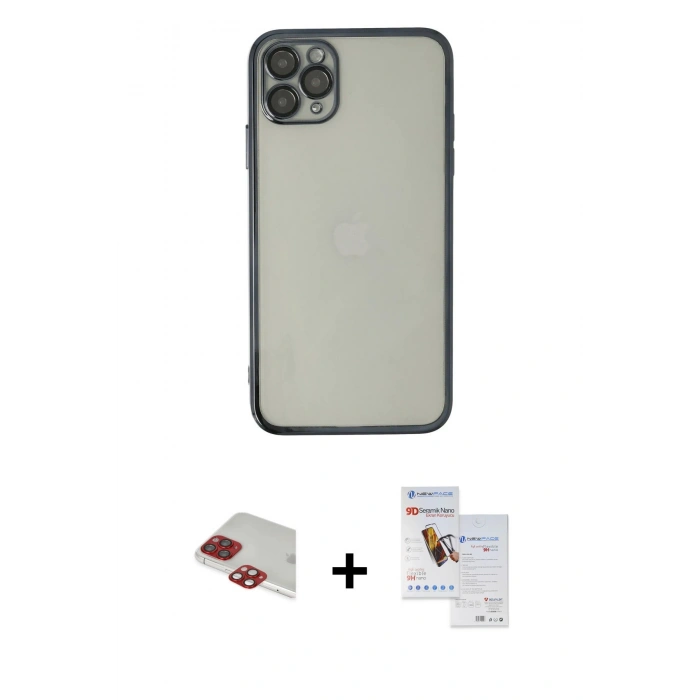 MARSİLYAN™- iPhone 11 Pro Max Kılıf Vadi Minimal - Siyah Seramik Nano Ekran Koruyucu + Pers Alüminyum Kamera Lens - KI