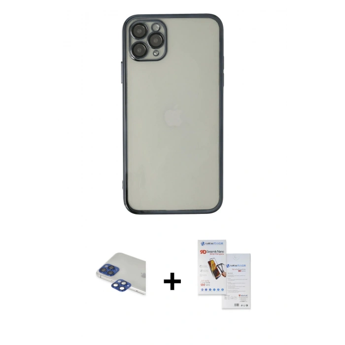 MARSİLYAN™- iPhone 11 Pro Max Kılıf Vadi Minimal - Siyah Seramik Nano Ekran Koruyucu + Pers Alüminyum Kamera Lens - LT