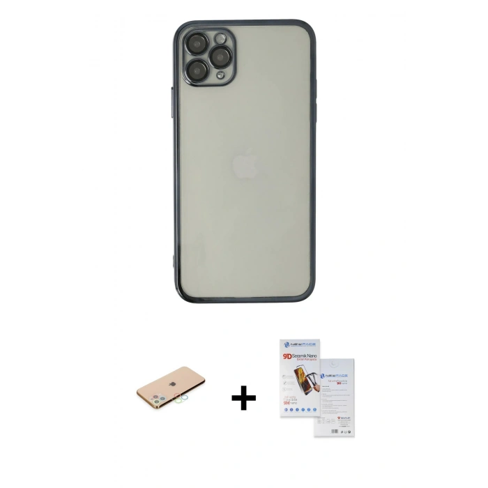 MARSİLYAN™- iPhone 11 Pro Max Kılıf Vadi Minimal - Siyah Seramik Nano Ekran Koruyucu + Renkli Kamera Lens Koruma Cam - MI