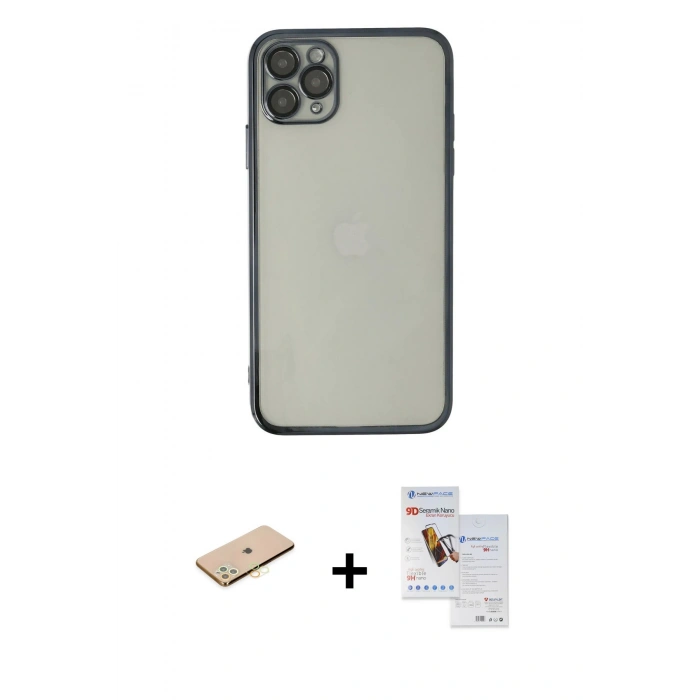 MARSİLYAN™- iPhone 11 Pro Max Kılıf Vadi Minimal - Siyah Seramik Nano Ekran Koruyucu + Renkli Kamera Lens Koruma Cam - SI