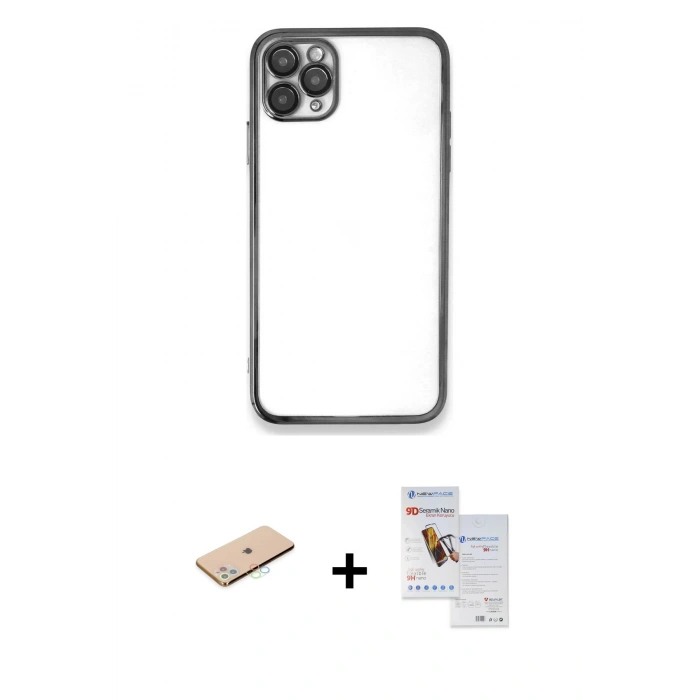 MARSİLYAN™- iPhone 11 Pro Max Kılıf Vadi Minimal - Siyah Seramik Nano Ekran Koruyucu + Renkli Kamera Lens Koruma Cam - MI