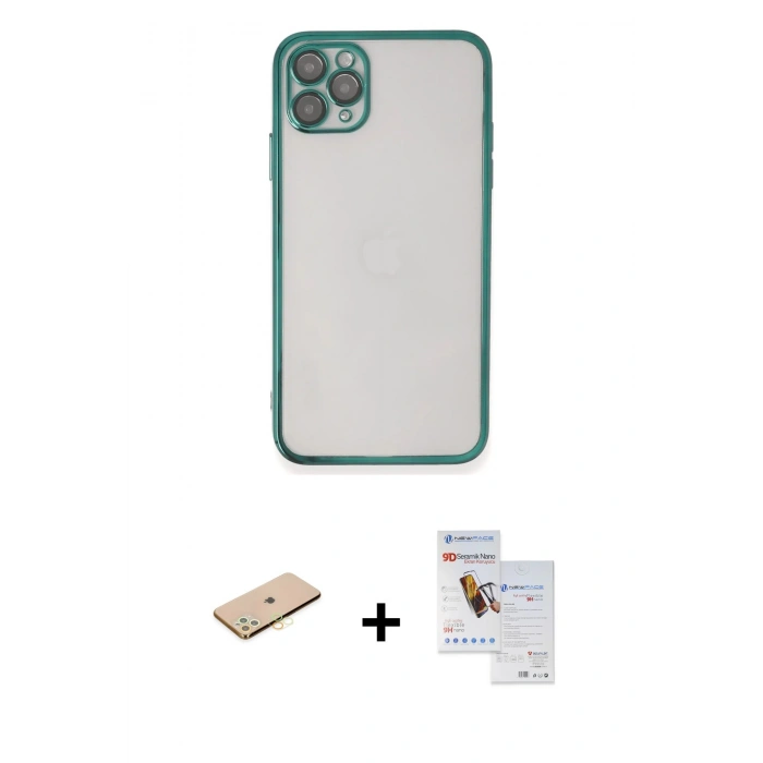 MARSİLYAN™- iPhone 11 Pro Max Kılıf Vadi Minimal - Siyah Seramik Nano Ekran Koruyucu + Renkli Kamera Lens Koruma Cam - SI