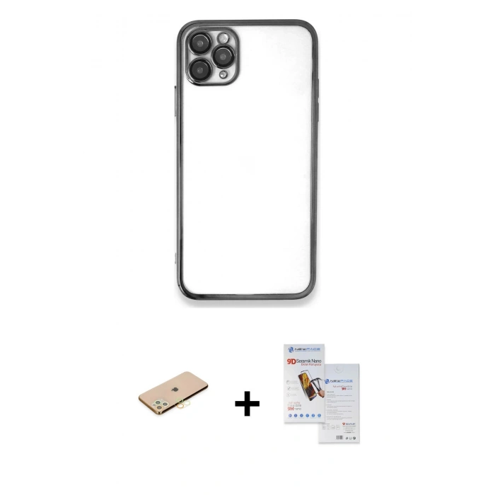 MARSİLYAN™- iPhone 11 Pro Max Kılıf Vadi Minimal - Siyah Seramik Nano Ekran Koruyucu + Renkli Kamera Lens Koruma Cam - SI