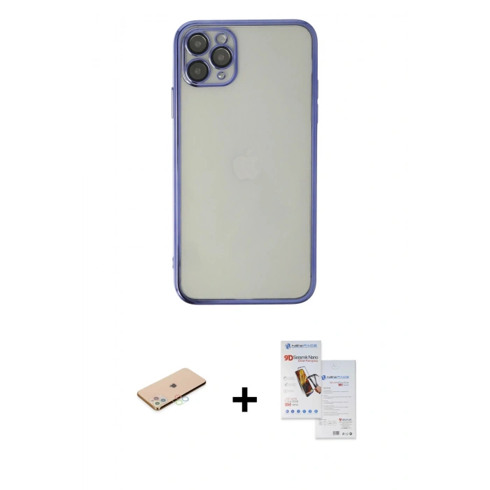 MARSİLYAN™- iPhone 11 Pro Max Kılıf Vadi Minimal - Siyah Seramik Nano Ekran Koruyucu + Renkli Kamera Lens Koruma Cam - MI
