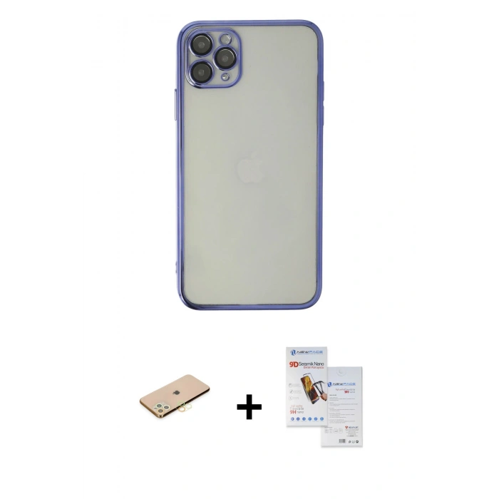 MARSİLYAN™- iPhone 11 Pro Max Kılıf Vadi Minimal - Siyah Seramik Nano Ekran Koruyucu + Renkli Kamera Lens Koruma Cam - SI