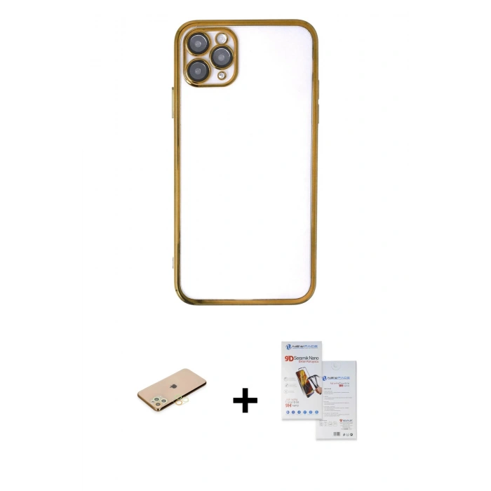 MARSİLYAN™- iPhone 11 Pro Max Kılıf Vadi Minimal - Siyah Seramik Nano Ekran Koruyucu + Renkli Kamera Lens Koruma Cam - SI
