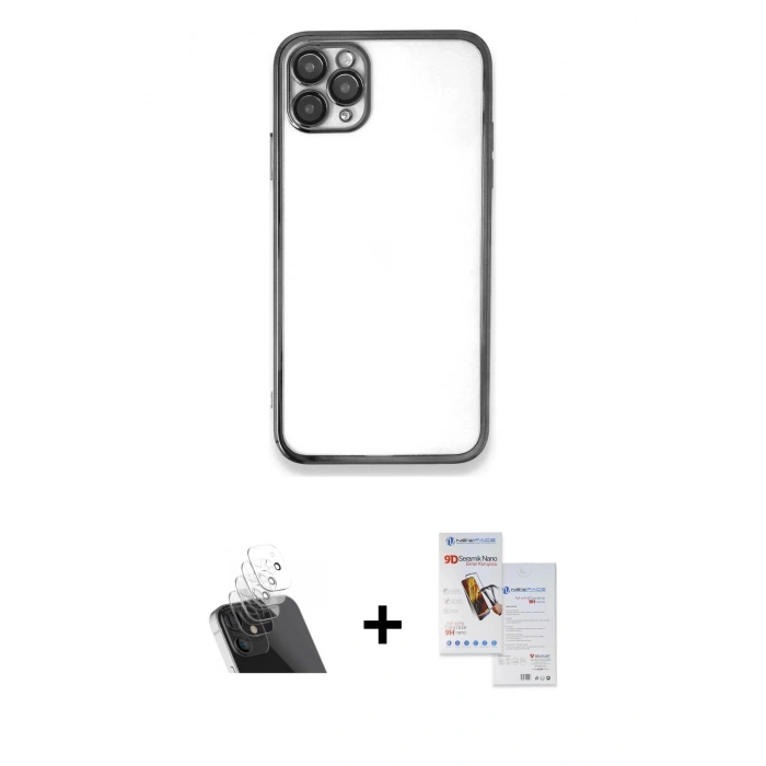 MARSİLYAN™- iPhone 11 Pro Max Kılıf Vadi Minimal - Siyah Seramik Nano Ekran Koruyucu + Kamera Lens Koruma Cam - SF