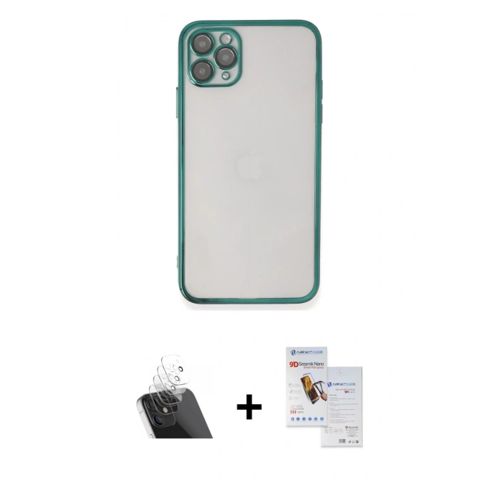 MARSİLYAN™- iPhone 11 Pro Max Kılıf Vadi Minimal - Siyah Seramik Nano Ekran Koruyucu + Kamera Lens Koruma Cam - SF