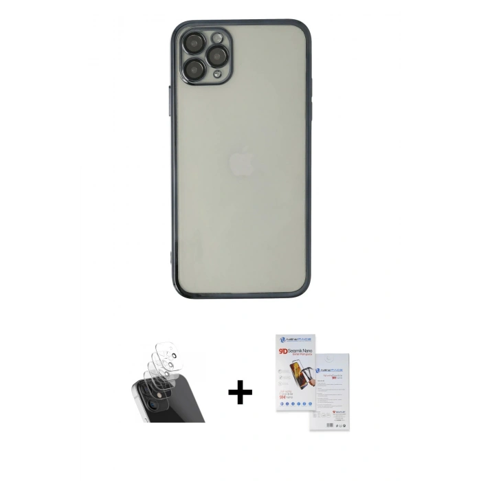 MARSİLYAN™- iPhone 11 Pro Max Kılıf Vadi Minimal - Siyah Seramik Nano Ekran Koruyucu + Kamera Lens Koruma Cam - SF