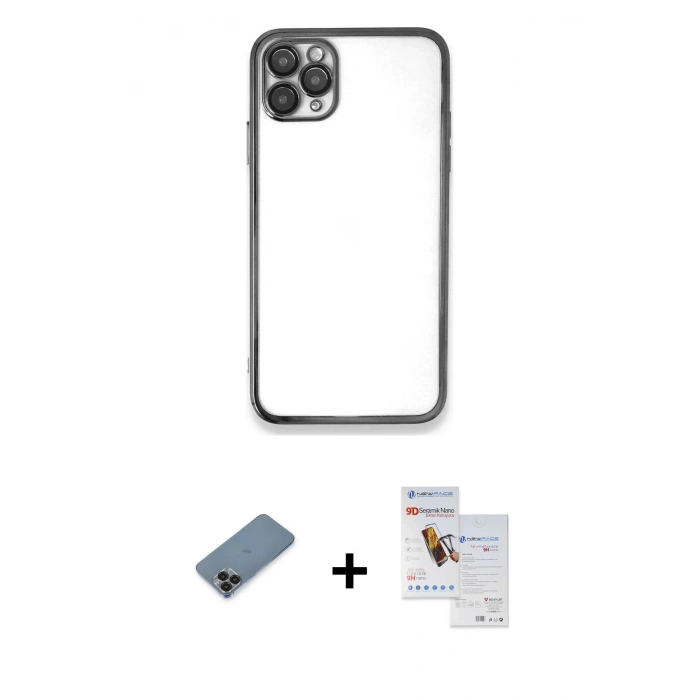 MARSİLYAN™- iPhone 11 Pro Max Kılıf Vadi Minimal - Siyah Seramik Nano Ekran Koruyucu + Metal Kamera Lens Koruma Cam - SH