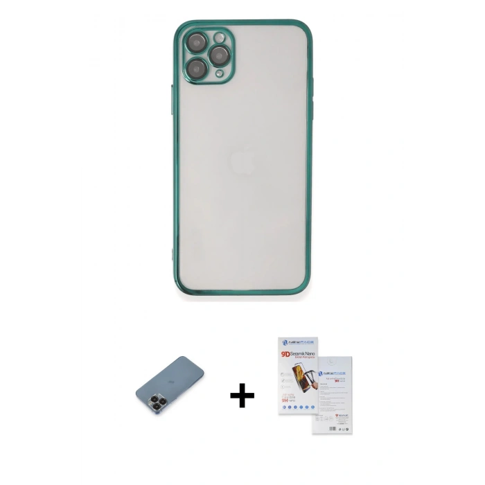MARSİLYAN™- iPhone 11 Pro Max Kılıf Vadi Minimal - Siyah Seramik Nano Ekran Koruyucu + Metal Kamera Lens Koruma Cam - SH