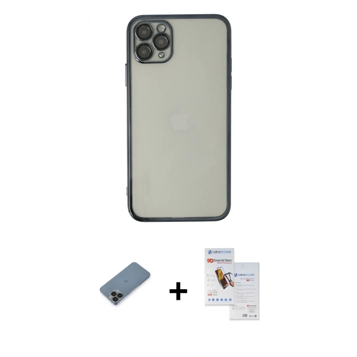 MARSİLYAN™- iPhone 11 Pro Max Kılıf Vadi Minimal - Siyah Seramik Nano Ekran Koruyucu + Metal Kamera Lens Koruma Cam - SH