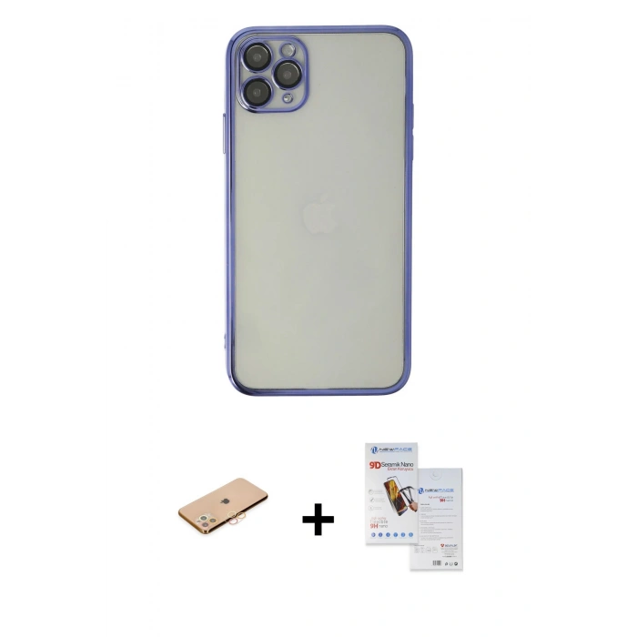 MARSİLYAN™- iPhone 11 Pro Max Kılıf Vadi Minimal - Siyah Seramik Nano Ekran Koruyucu + Renkli Kamera Lens Koruma Cam - TU