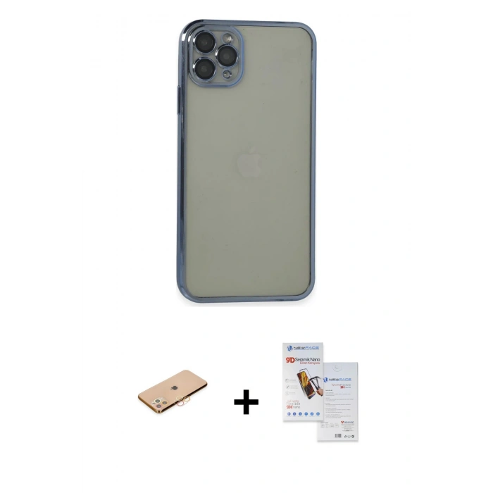 MARSİLYAN™- iPhone 11 Pro Max Kılıf Vadi Minimal - Siyah Seramik Nano Ekran Koruyucu + Renkli Kamera Lens Koruma Cam - TU