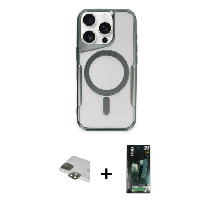 MARSİLYAN™- iPhone 11 Pro Max Kılıf Yadigar Klasik Özel Seri - Şeffaf 360 Full Body Arka Koruyucu + Yeşil Pers Alüminyum Kamera Lens