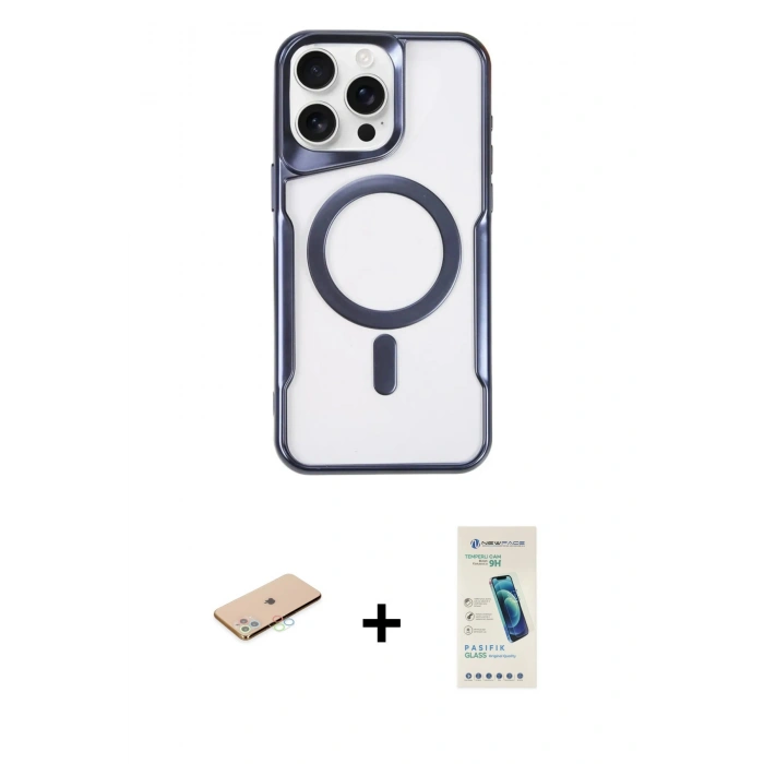 MARSİLYAN™- iPhone 11 Pro Max Kılıf Yadigar Klasik Özel Seri - Şeffaf Pasifik Cam Ekran Koruyucu + Mavi Renkli Kamera Lens Koruma Cam
