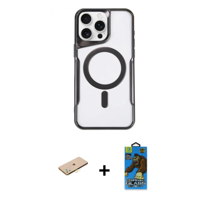 MARSİLYAN™- iPhone 11 Pro Max Kılıf Yadigar Klasik Özel Seri - Siyah 18D Cam Ekran Koruyucu + Sarı Renkli Kamera Lens Koruma Cam