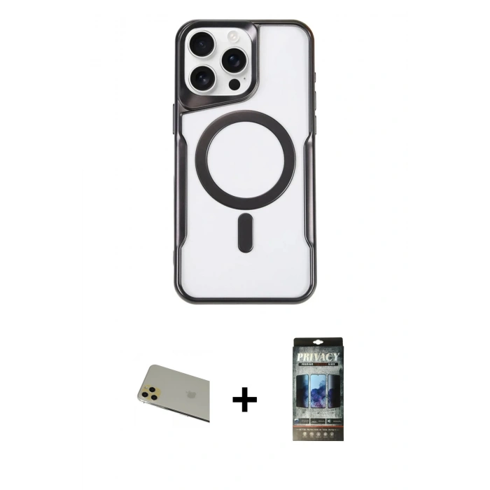 MARSİLYAN™- iPhone 11 Pro Max Kılıf Yadigar Klasik Özel Seri - Siyah 34D Hayalet Izgaralı Cam + Gold Rainbow Kamera Lens Koruma Cam