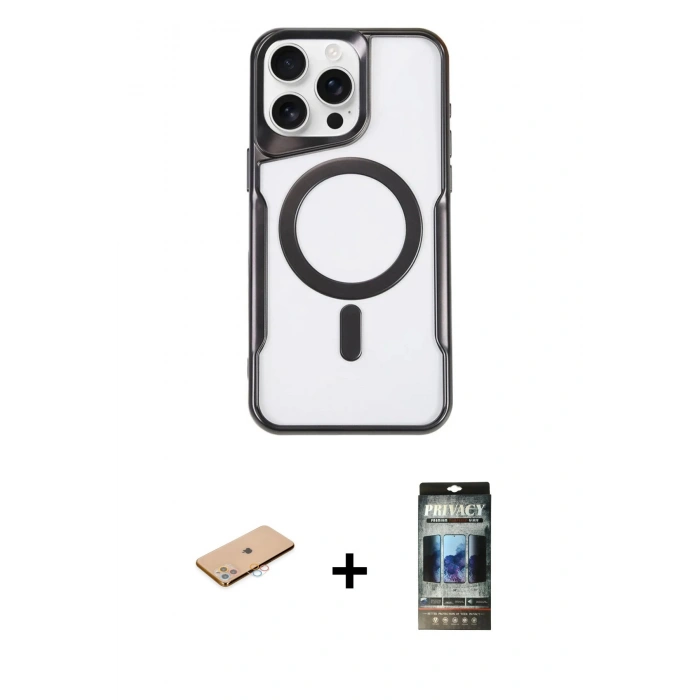 MARSİLYAN™- iPhone 11 Pro Max Kılıf Yadigar Klasik Özel Seri - Siyah 34D Hayalet Izgaralı Cam + Renkli Kamera Lens Koruma Cam - PE