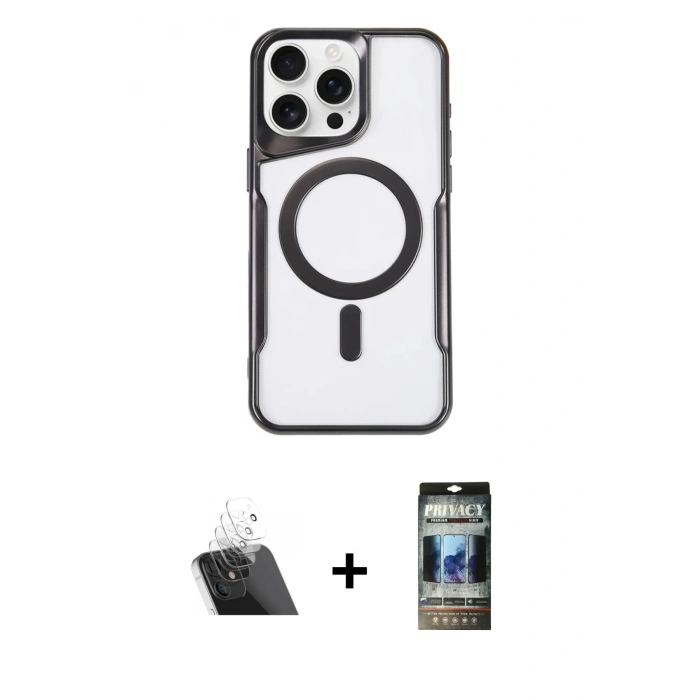 MARSİLYAN™- iPhone 11 Pro Max Kılıf Yadigar Klasik Özel Seri - Siyah 34D Hayalet Izgaralı Cam + Şeffaf Kamera Lens Koruma Cam