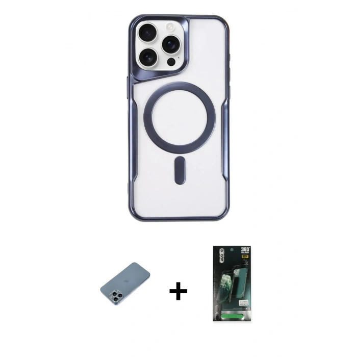 MARSİLYAN™- iPhone 11 Pro Max Kılıf Yadigar Klasik Özel Seri - Siyah 360 Mat Full Body Arka Koruyucu + Sierra Blue Shine Kamera Lens Koruma Cam
