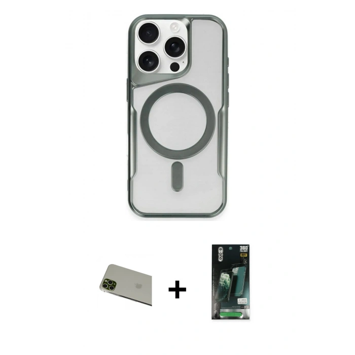 MARSİLYAN™- iPhone 11 Pro Max Kılıf Yadigar Klasik Özel Seri - Siyah 360 Mat Full Body Arka Koruyucu + Yeşil Rainbow Kamera Lens Koruma Cam