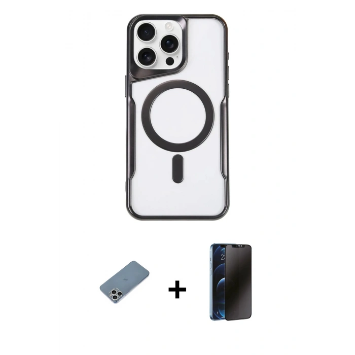 MARSİLYAN™- iPhone 11 Pro Max Kılıf Yadigar Klasik Özel Seri - Siyah 3D Antistatik Hayalet Cam Ekran Koruyucu + Gümüş Shine Kamera Lens Koruma Cam