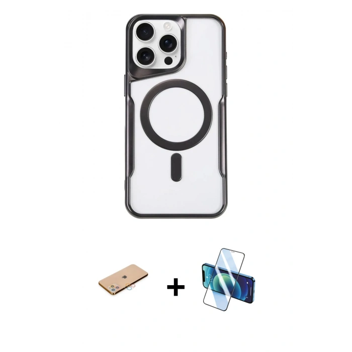 MARSİLYAN™- iPhone 11 Pro Max Kılıf Yadigar Klasik Özel Seri - Siyah 3D Antistatik Seramik Nano Ekran Koruyucu + Pembe Renkli Kamera Lens Koruma Cam