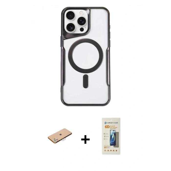 MARSİLYAN™- iPhone 11 Pro Max Kılıf Yadigar Klasik Özel Seri - Siyah 6D Mat Seramik Hayalet Nano Ekran Koruyucu + Pembe Renkli Kamera Lens Koruma Cam