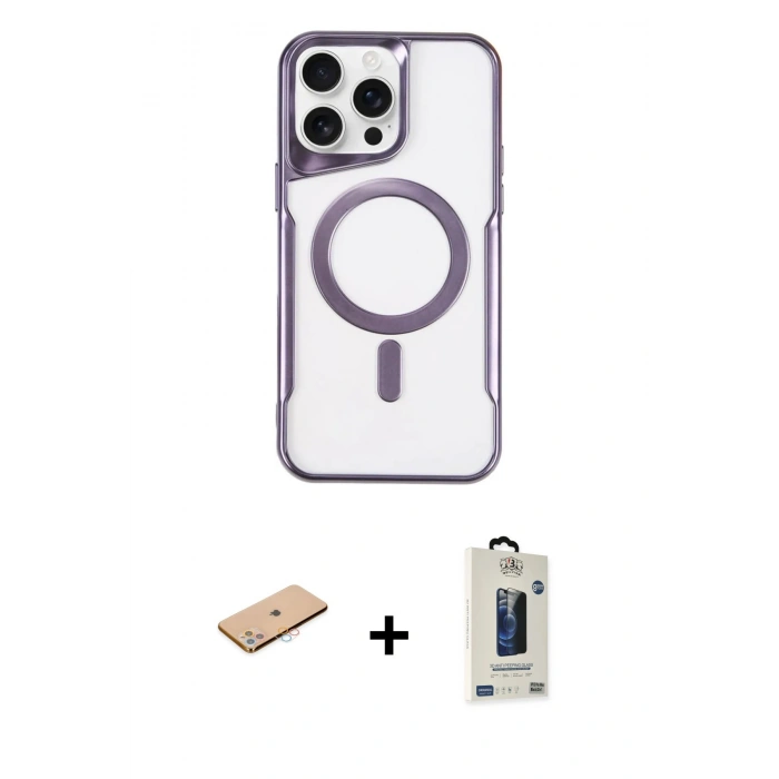 MARSİLYAN™- iPhone 11 Pro Max Kılıf Yadigar Klasik Özel Seri - Siyah Bilvis Hayalet Cam Ekran Koruyucu + Pembe Renkli Kamera Lens Koruma Cam