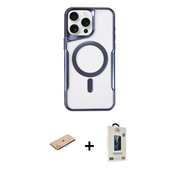 MARSİLYAN™- iPhone 11 Pro Max Kılıf Yadigar Klasik Özel Seri - Siyah Bilvis Hayalet Cam Ekran Koruyucu + Pembe Renkli Kamera Lens Koruma Cam