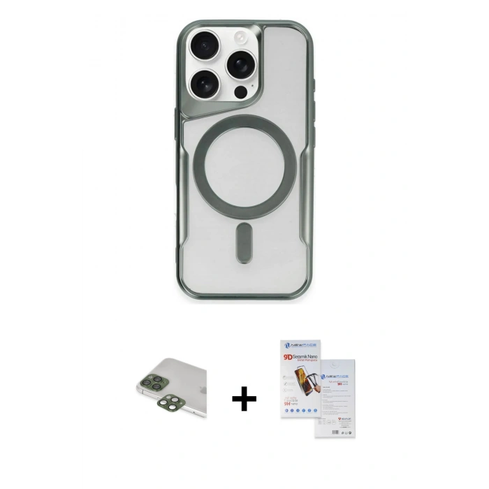 MARSİLYAN™- iPhone 11 Pro Max Kılıf Yadigar Klasik Özel Seri - Siyah Seramik Nano Ekran Koruyucu + Yeşil Pers Alüminyum Kamera Lens