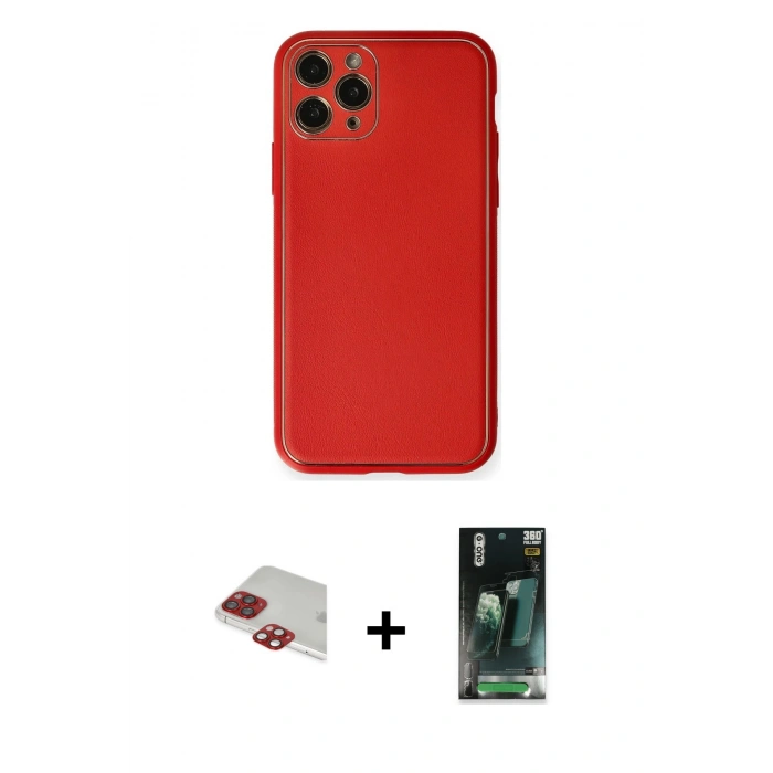 MARSİLYAN™- iPhone 11 Pro Max Kılıf Yadigar Klasik - Şeffaf 360 Full Body Arka Koruyucu + Kırmızı Pers Alüminyum Kamera Lens