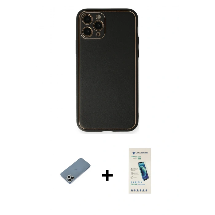 MARSİLYAN™- iPhone 11 Pro Max Kılıf Yadigar Klasik - Şeffaf Pasifik Cam Ekran Koruyucu + Gümüş Shine Kamera Lens Koruma Cam