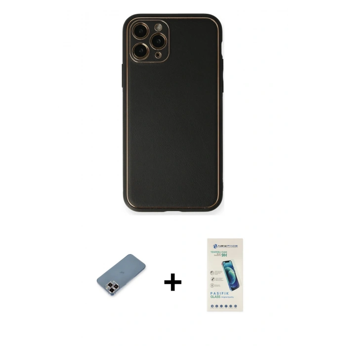 MARSİLYAN™- iPhone 11 Pro Max Kılıf Yadigar Klasik - Şeffaf Pasifik Cam Ekran Koruyucu + Mor Metal Kamera Lens Koruma Cam