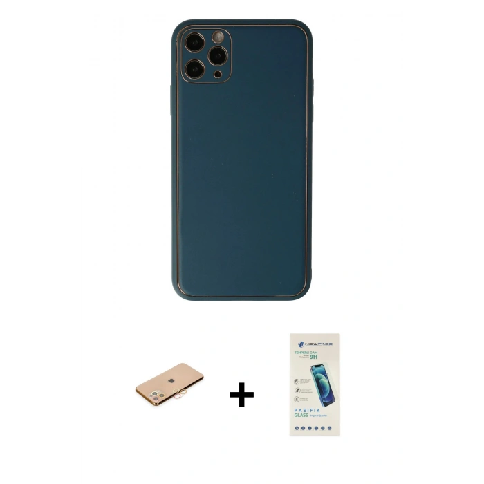 MARSİLYAN™- iPhone 11 Pro Max Kılıf Yadigar Klasik - Şeffaf Pasifik Cam Ekran Koruyucu + Turuncu Renkli Kamera Lens Koruma Cam