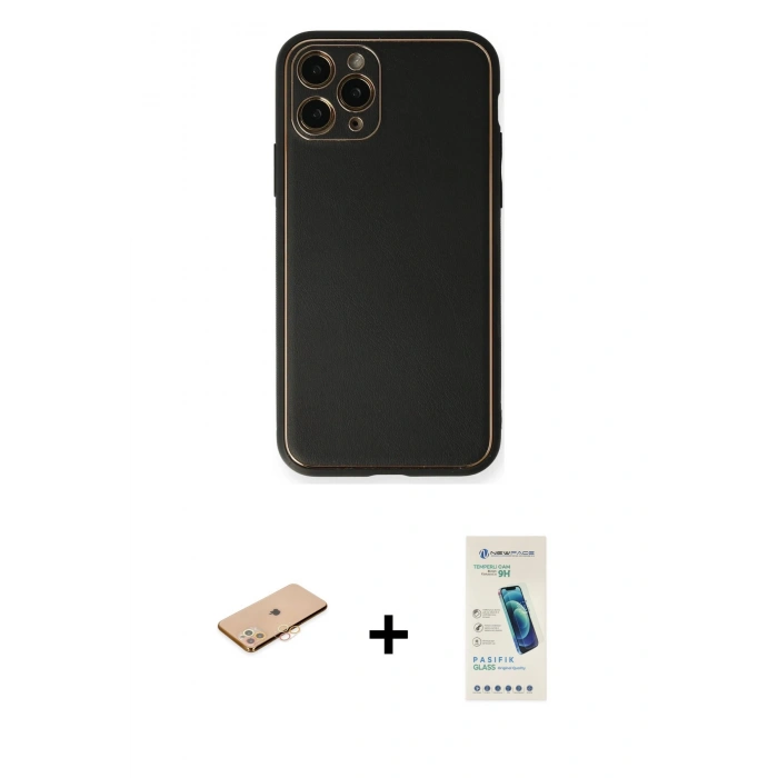 MARSİLYAN™- iPhone 11 Pro Max Kılıf Yadigar Klasik - Şeffaf Pasifik Cam Ekran Koruyucu + Turuncu Renkli Kamera Lens Koruma Cam