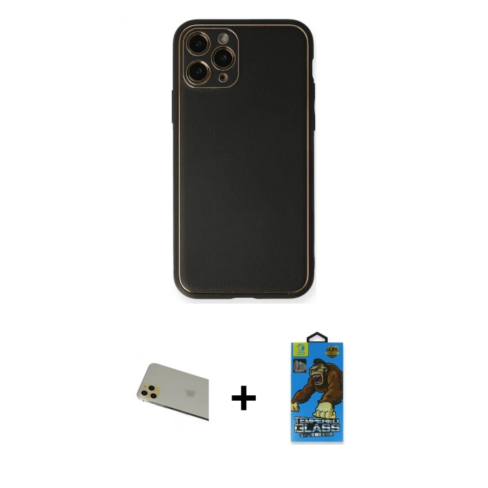 MARSİLYAN™- iPhone 11 Pro Max Kılıf Yadigar Klasik - Siyah 18D Cam Ekran Koruyucu + Gold Rainbow Kamera Lens Koruma Cam