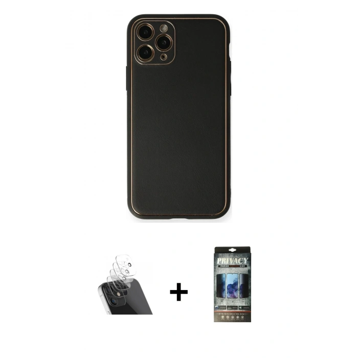 MARSİLYAN™- iPhone 11 Pro Max Kılıf Yadigar Klasik - Siyah 34D Hayalet Izgaralı Cam + Kamera Lens Koruma Cam - SF