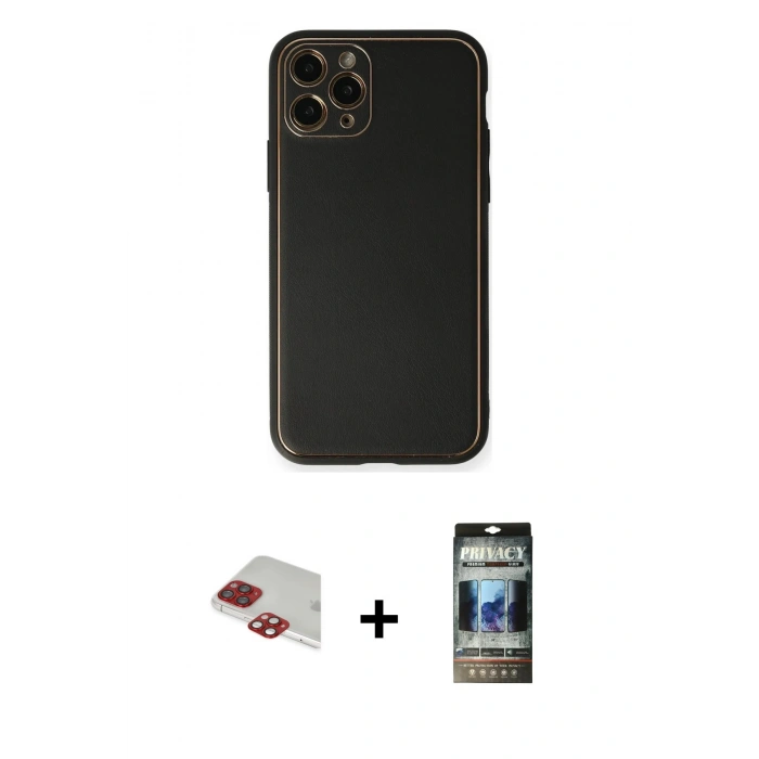 MARSİLYAN™- iPhone 11 Pro Max Kılıf Yadigar Klasik - Siyah 34D Hayalet Izgaralı Cam + Pers Alüminyum Kamera Lens - KI
