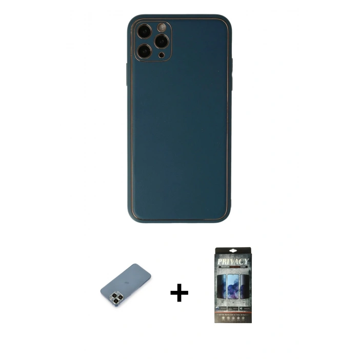 MARSİLYAN™- iPhone 11 Pro Max Kılıf Yadigar Klasik - Siyah 34D Hayalet Izgaralı Cam + Metal Kamera Lens Koruma Cam - AKYL