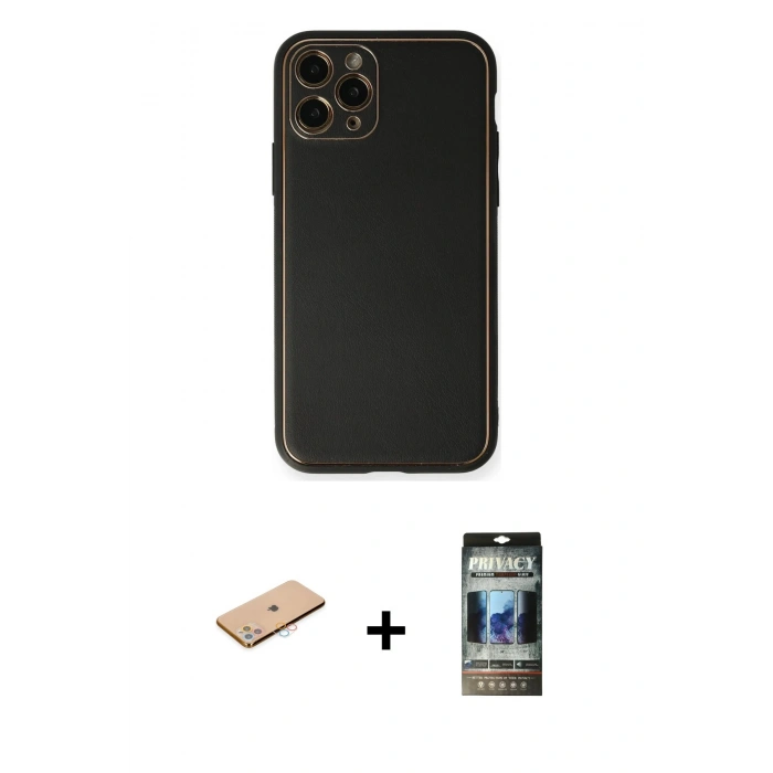 MARSİLYAN™- iPhone 11 Pro Max Kılıf Yadigar Klasik - Siyah 34D Hayalet Izgaralı Cam + Renkli Kamera Lens Koruma Cam - PE