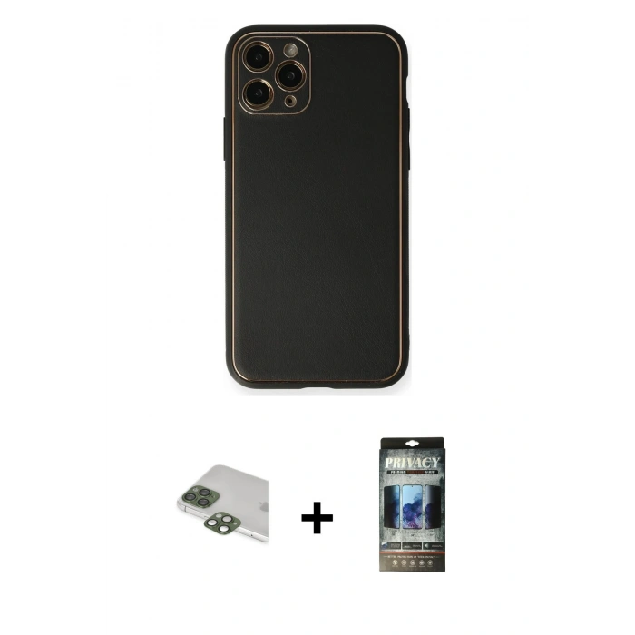 MARSİLYAN™- iPhone 11 Pro Max Kılıf Yadigar Klasik - Siyah 34D Hayalet Izgaralı Cam + Pers Alüminyum Kamera Lens - YL