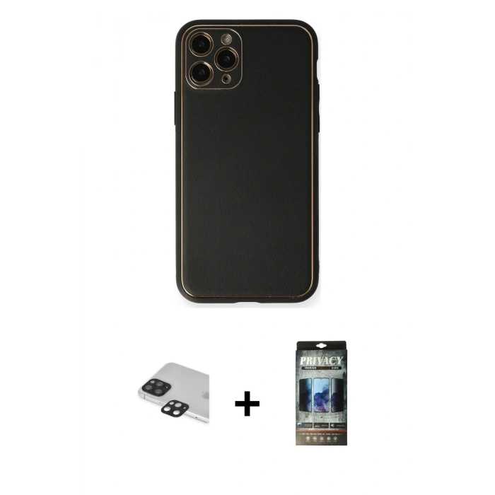 MARSİLYAN™- iPhone 11 Pro Max Kılıf Yadigar Klasik - Siyah 34D Hayalet Izgaralı Cam + Pers Alüminyum Kamera Lens - SH