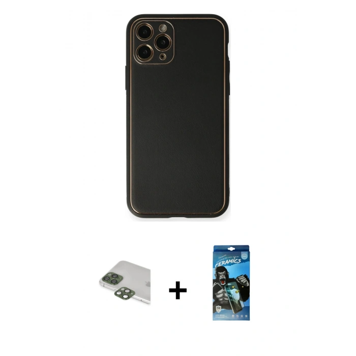 MARSİLYAN™- iPhone 11 Pro Max Kılıf Yadigar Klasik - Siyah 34D Izgaralı Cam + Pers Alüminyum Kamera Lens - YL
