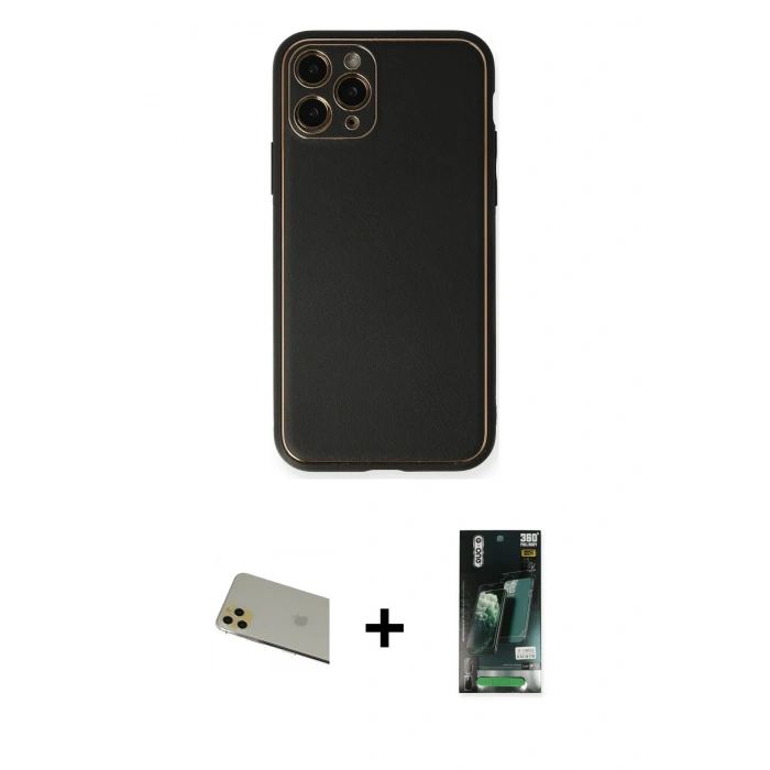 MARSİLYAN™- iPhone 11 Pro Max Kılıf Yadigar Klasik - Siyah 360 Mat Full Body Arka Koruyucu + Rainbow Kamera Lens Koruma Cam - GD