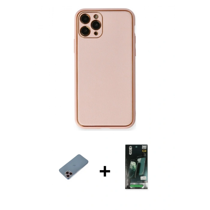 MARSİLYAN™- iPhone 11 Pro Max Kılıf Yadigar Klasik - Siyah 360 Mat Full Body Arka Koruyucu + Pembe Shine Kamera Lens Koruma Cam
