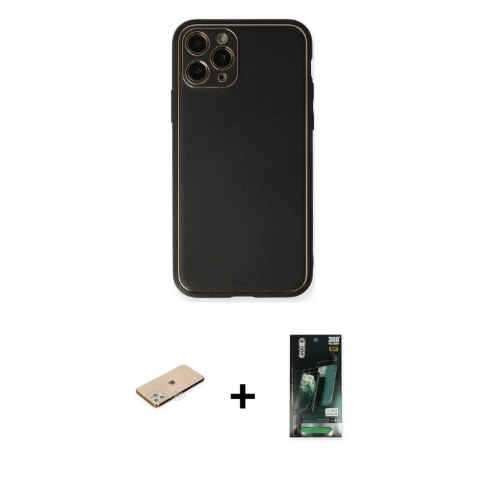 MARSİLYAN™- iPhone 11 Pro Max Kılıf Yadigar Klasik - Siyah 360 Mat Full Body Arka Koruyucu + Renkli Kamera Lens Koruma Cam - YL